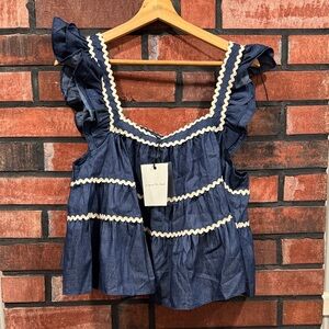 Jacqui E Navy Blue Blouse with White Trim